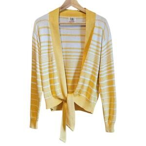Fia Italia Hand Loomed Open Sweater Cartigan Hem Tie Stripe Yellow Women's Large